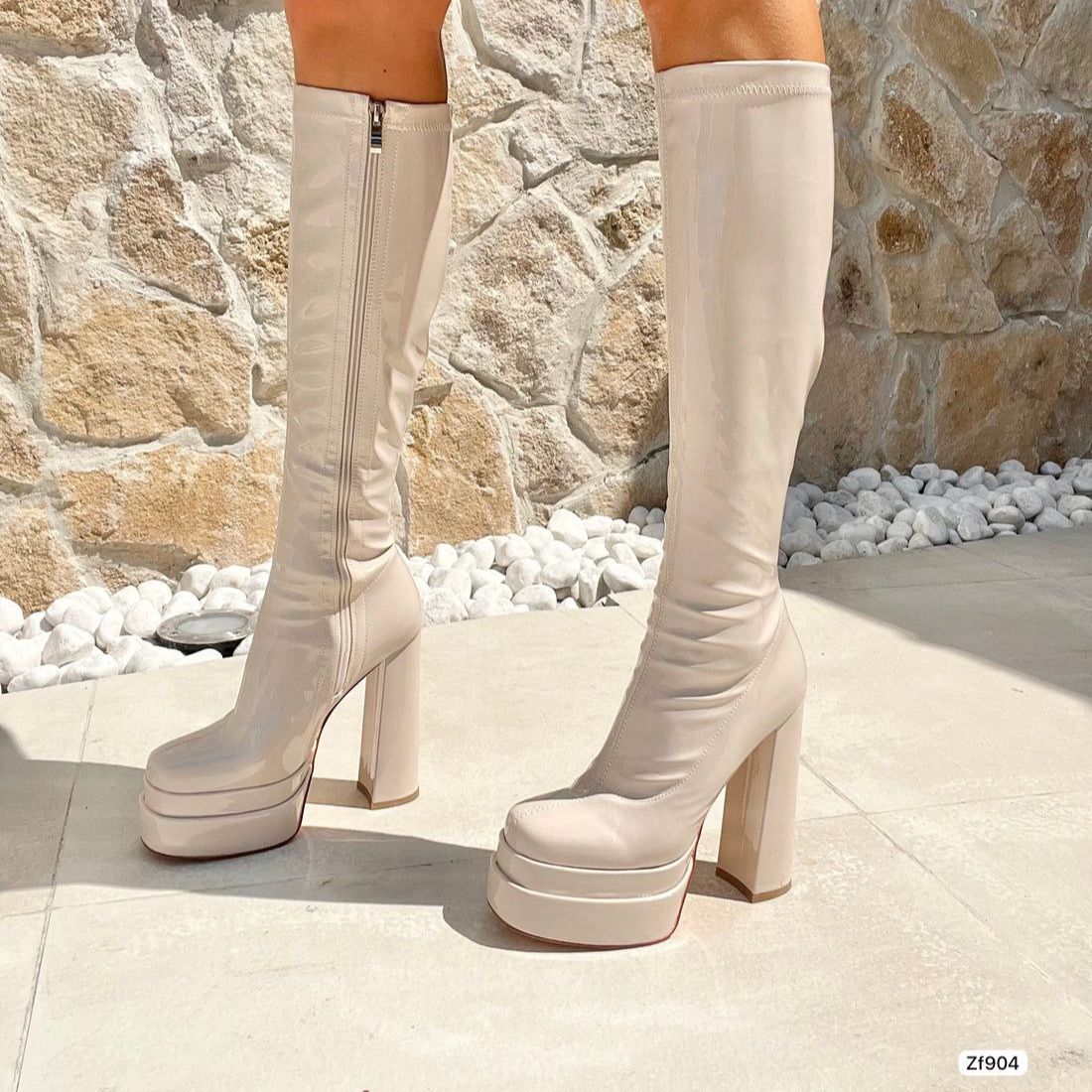 Bota caña alta beige charol plataforma 4cm tacon 14cm C-261 C-42
